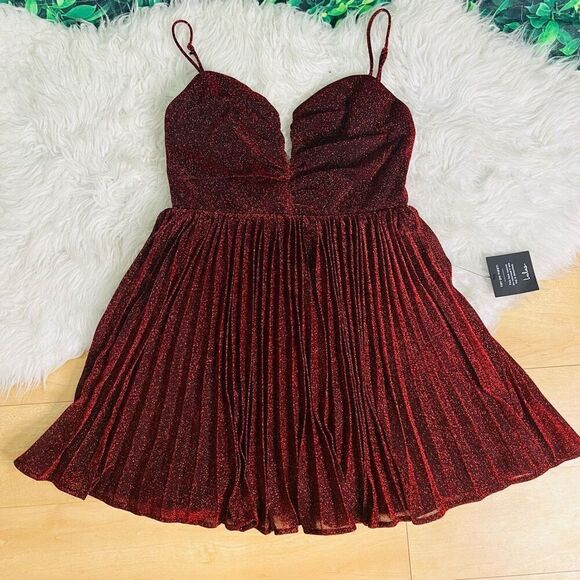 Lulus Shine Tonight Red Sparkly Pleated Skater Dress - Picture 5 of 12
